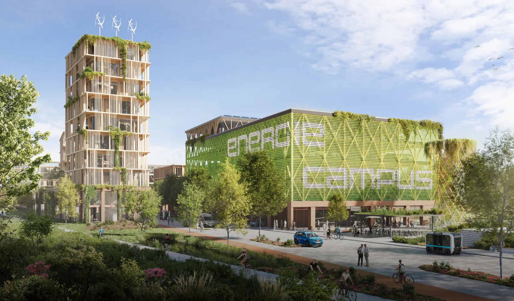 Visualisierung des Energiecampus Dortmund mit begrüntem Holzturm und Energiecampus-Gebäude